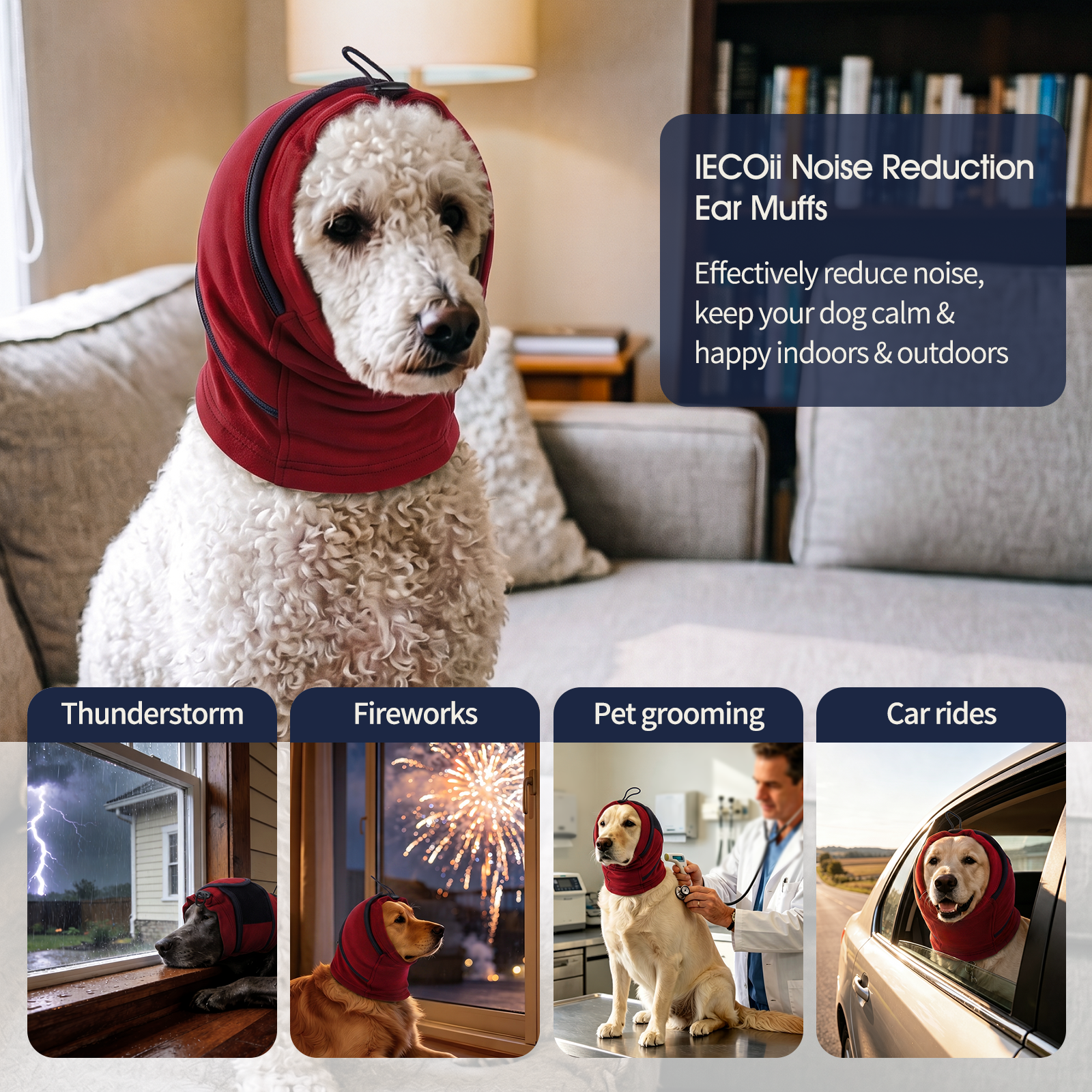IECOii Dog Ear Cover Noise Protection Adjustable Patches Soft Dog Ear Muffs for Anxiety Relief in Fireworks Thunderstorms or Hematoma Calming Hoodie Prevents Ear Injury Infection